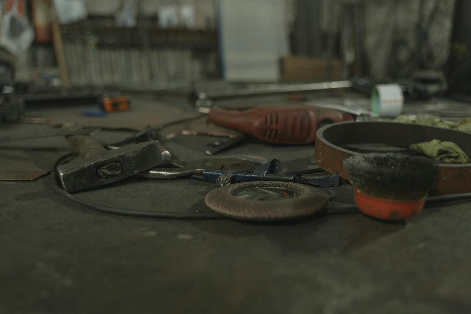 Construction tools on a workbench